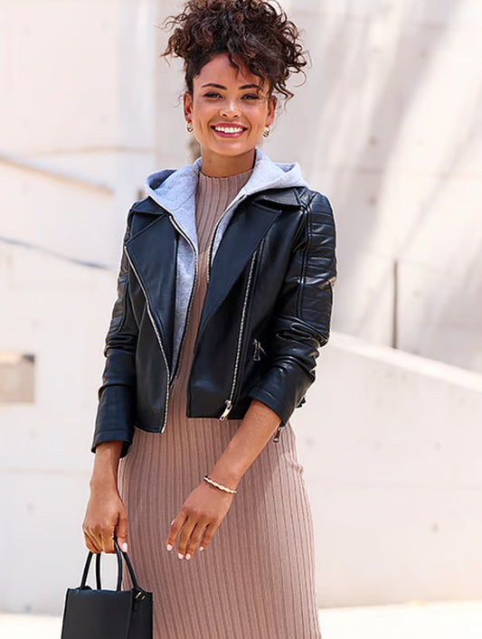 lascana Black Leather Jacket with Cropped Silhouette